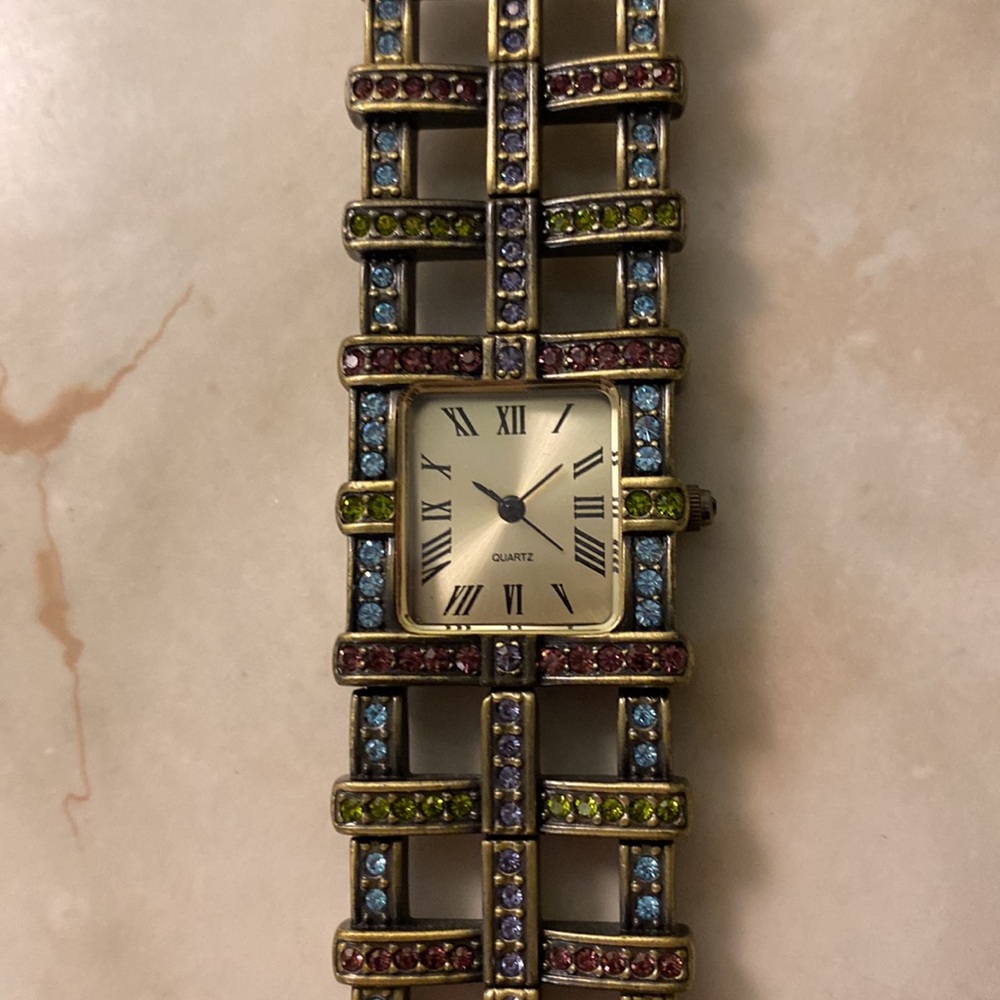 Heidi Daus vintage bronze multicolored Sarowski lattice watch
